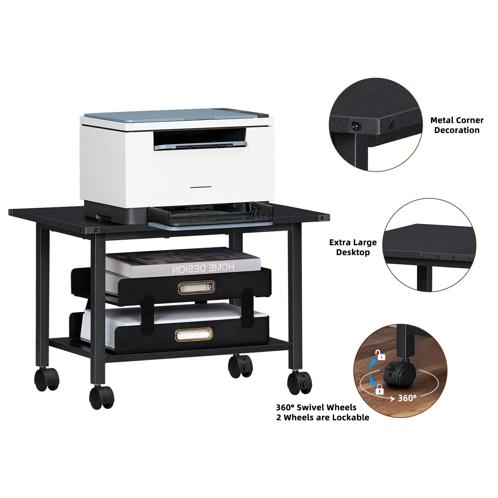Lerliuo 3-Tier Printer Stand, Industrial Mobile Printer Table with Storage Shelf and Steel Frame, Rolling Printer Cart Holder with Lockable Wheels for Home, Office (White)