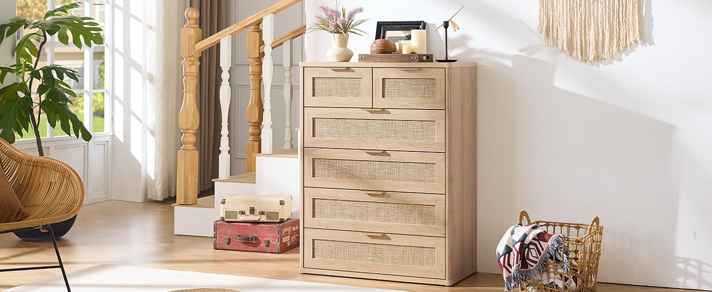 LEYAOYAO Rattan Dressers & Night Stand Set of 3, Boho Wood 48" Wide Dresser & 41"Tall Chest of Drawers, 23" with Charging Station Nightstand, Bedroom Furniture Dresser Set for Home Living Room Hallway