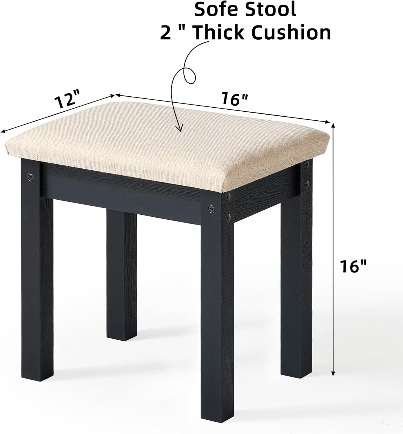 LEYAOYAO Vanity Stool, Elegant Wooden Makeup Chair Stool with Comfortable Fabric Cushion, Modern Make Up Bench for Bedroom and Bathroom-Classic Black