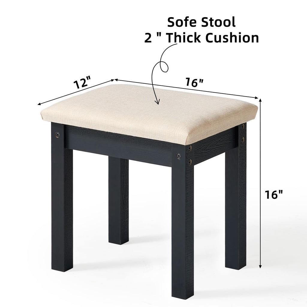 LEYAOYAO Vanity Stool, Elegant Wooden Makeup Chair Stool with Comfortable Fabric Cushion, Modern Make Up Bench for Bedroom and Bathroom-Classic Black