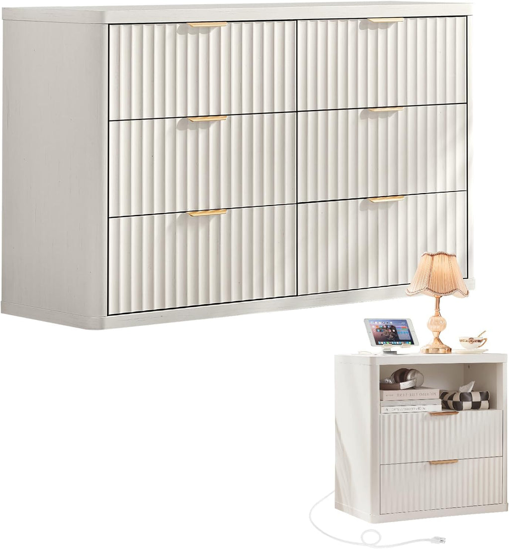 LEYAOYAO Fluted Dresser and Nightstand Sets, Wood 48" Wide Dresser & 23" Night Stand with Charging Station, 2 Piece Bedroom Furniture Set, Chest of Drawers for Bedroom, Home, Living Room,Antique White