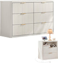 LEYAOYAO Fluted Dresser and Nightstand Sets, Wood 48" Wide Dresser & 23" Night Stand with Charging Station, 2 Piece Bedroom Furniture Set, Chest of Drawers for Bedroom, Home, Living Room,Antique White