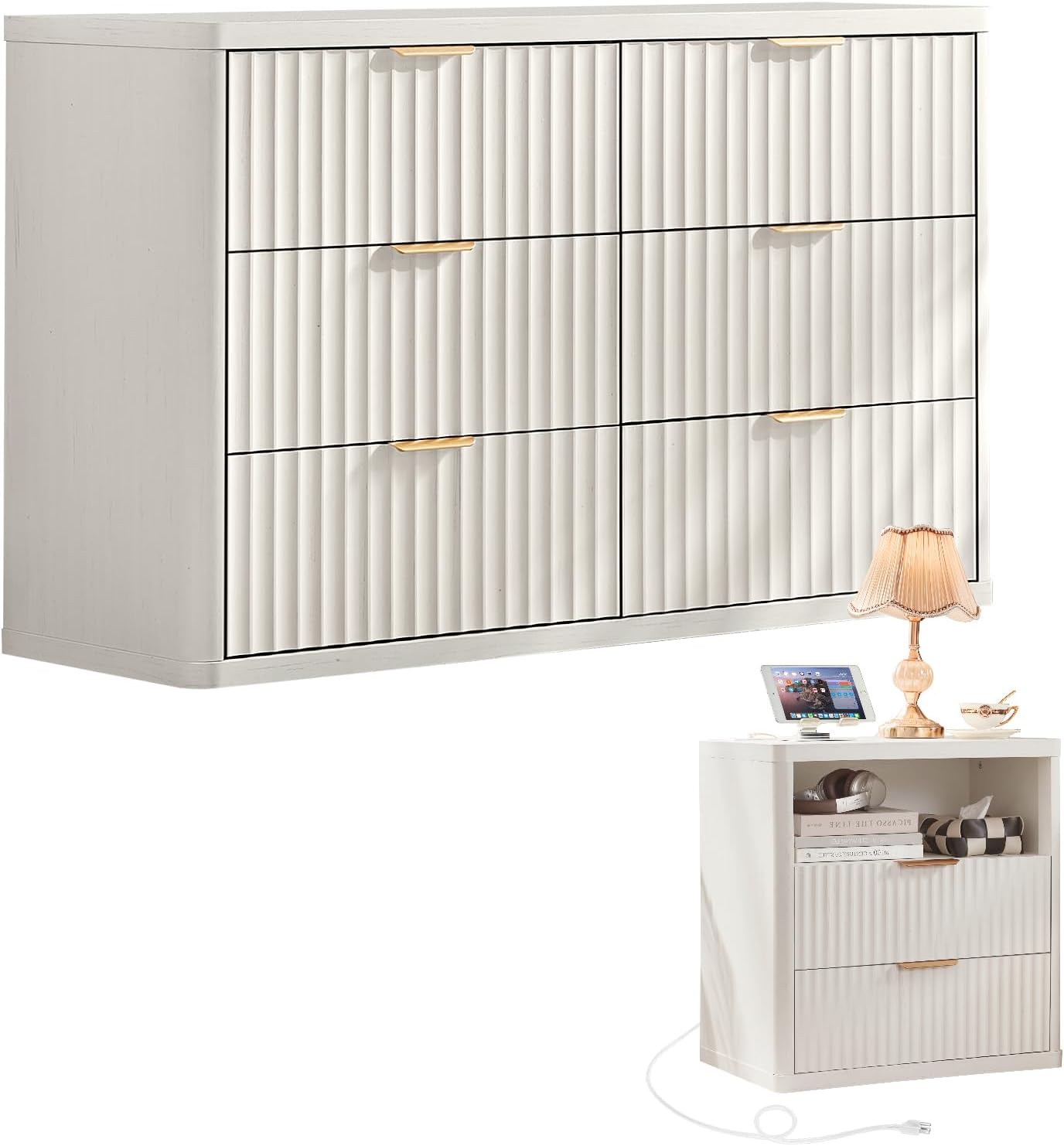 LEYAOYAO Fluted Dresser and Nightstand Sets, Wood 48" Wide Dresser & 23" Night Stand with Charging Station, 2 Piece Bedroom Furniture Set, Chest of Drawers for Bedroom, Home, Living Room,Antique White