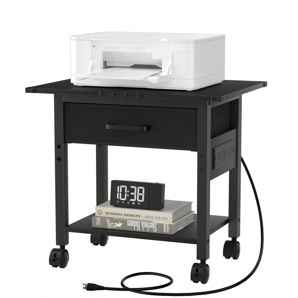 Lerliuo Under Desk Rolling Printer Stand with Drawer, 2-Tier Industrial Mobile Printer Table Desk with Storage Shelf and Steel Frame, Printer Cart Holder with Lockable Wheels for Home, Office (Brown)