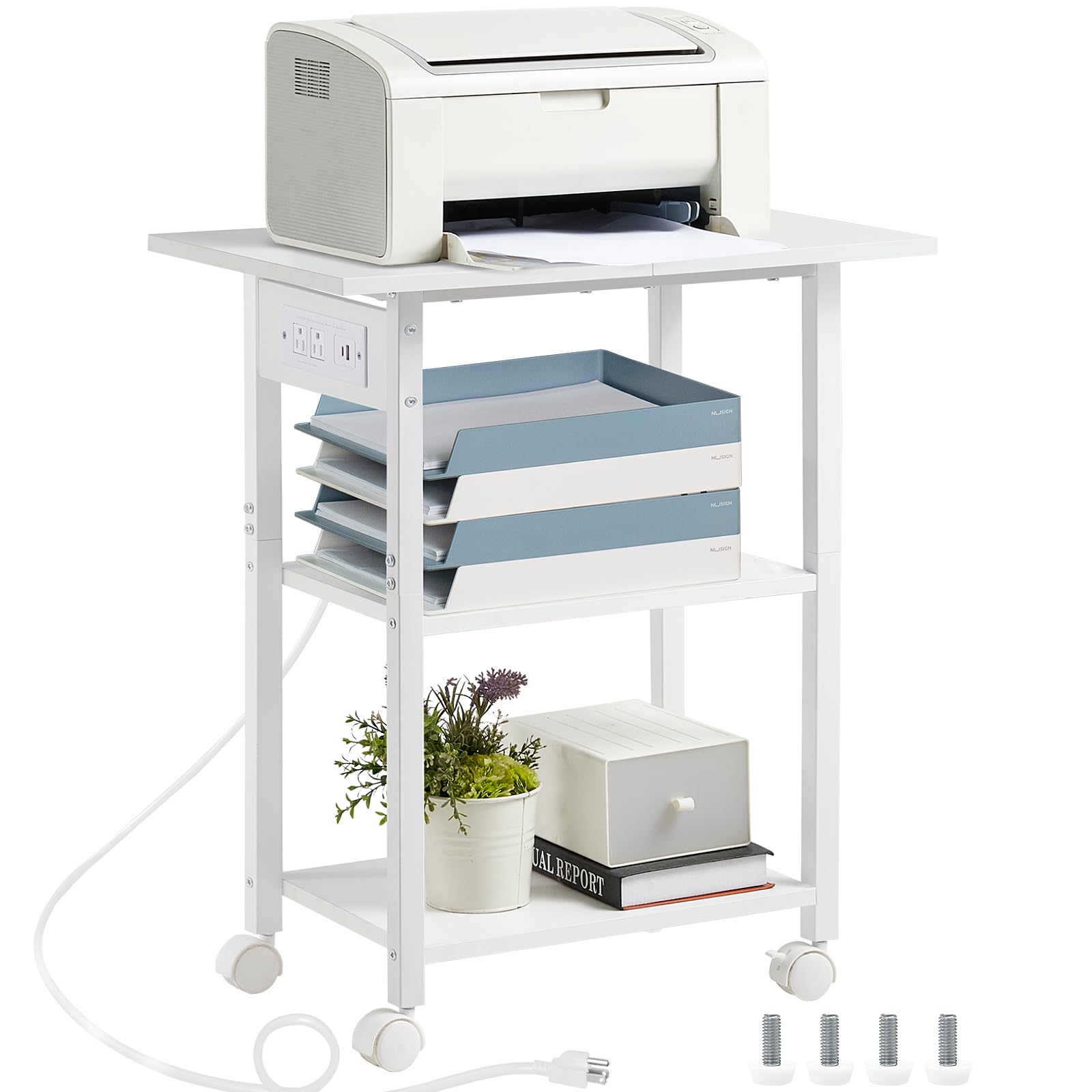 Lerliuo 3-Tier Printer Stand, Industrial Mobile Printer Table with Storage Shelf and Steel Frame, Rolling Printer Cart Holder with Lockable Wheels for Home, Office (White)