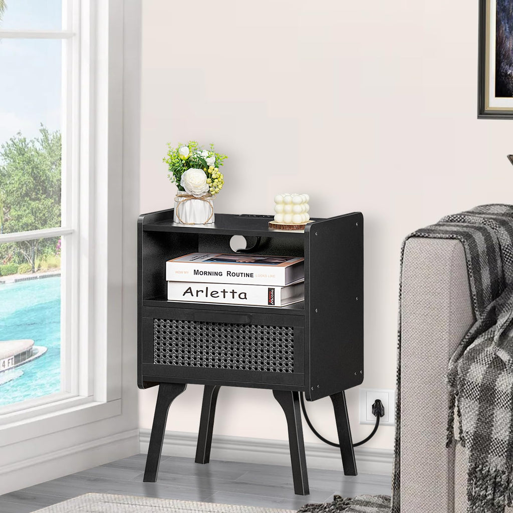 Lerliuo Rattan Nightstand with Charging Station, Boho Night Stand