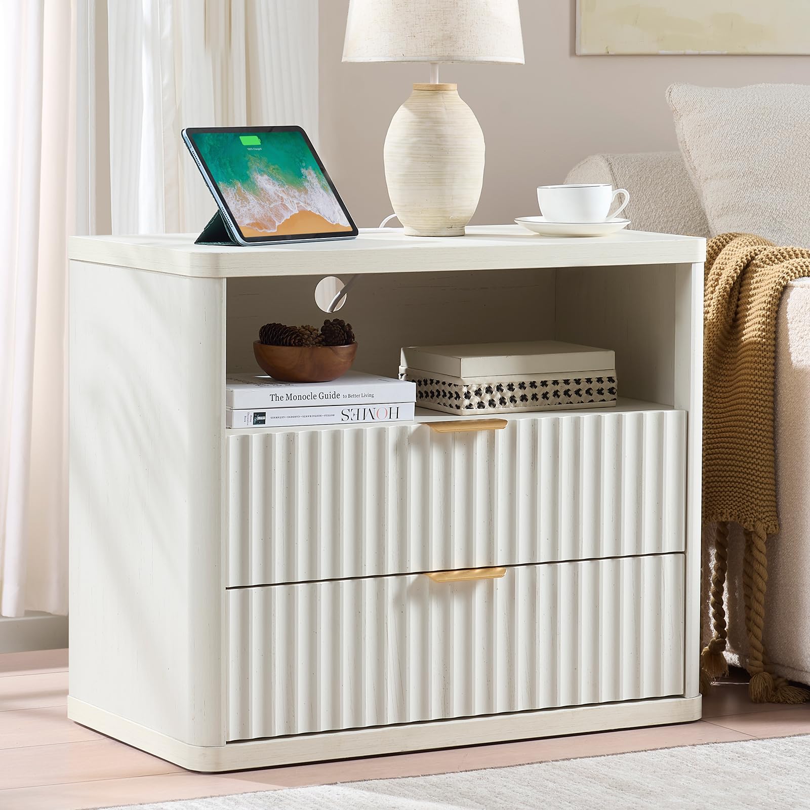LEYAOYAO 31" Wide Fluted Nightstand with Charging Station, Oversized Extra Large 1 Drawer Night Stand with Golden Handle, Antique White Bedside Table Tall End Tables,for Bedroom, Living Room, Hallway