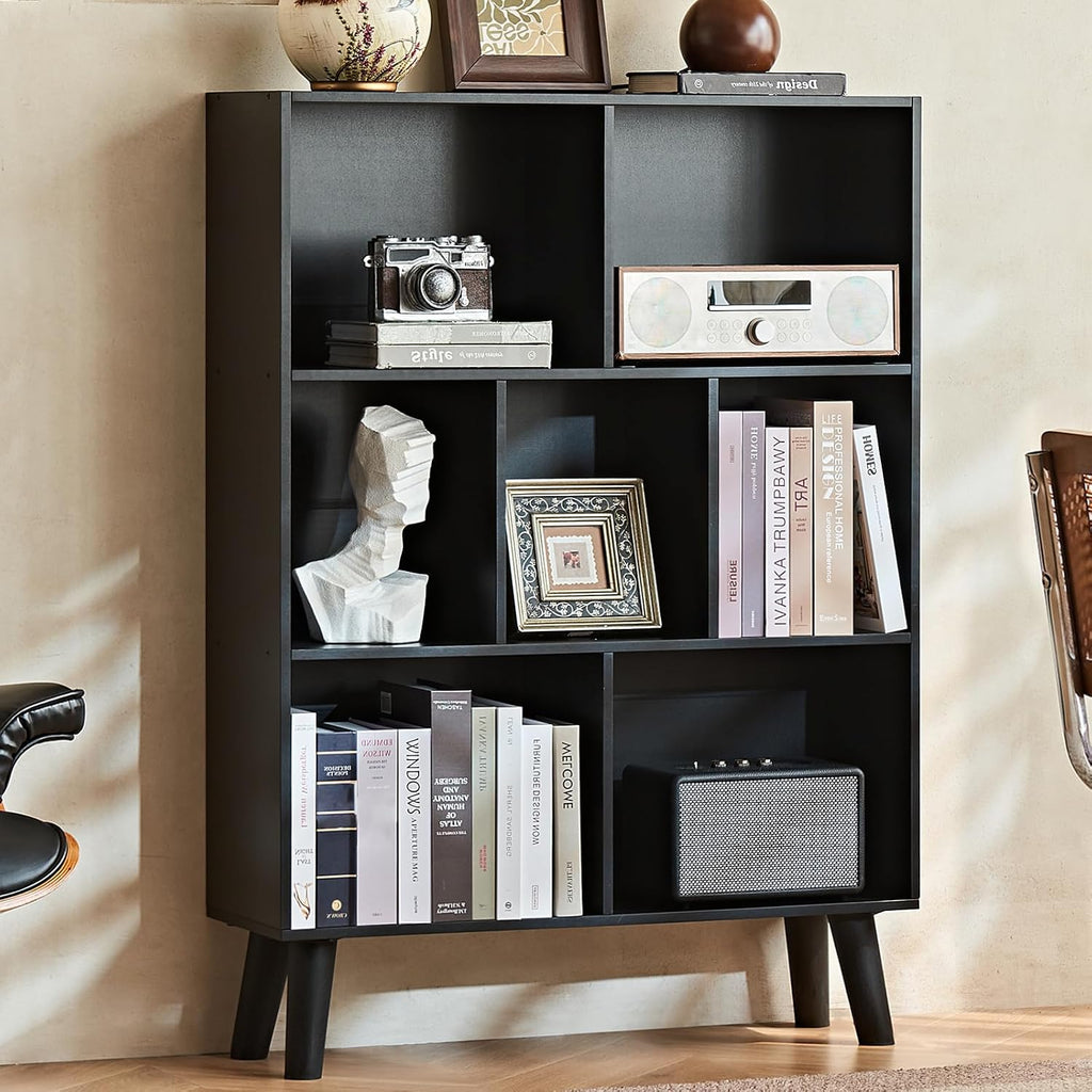 LEYAOYAO 7 Cube Bookshelf, Mid-Century Modern Bookcase Legs,Black Wooden Book Shelves, Wood 3-Tier Freestanding Storage Organizer Display Shelf for Bedroom,Living Room,Office