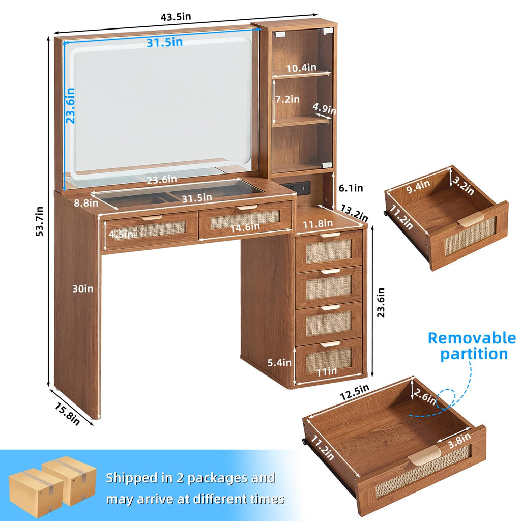 LEYAOYAO Rattan Makeup Vanity Desk with Stool, Mirror and Lights