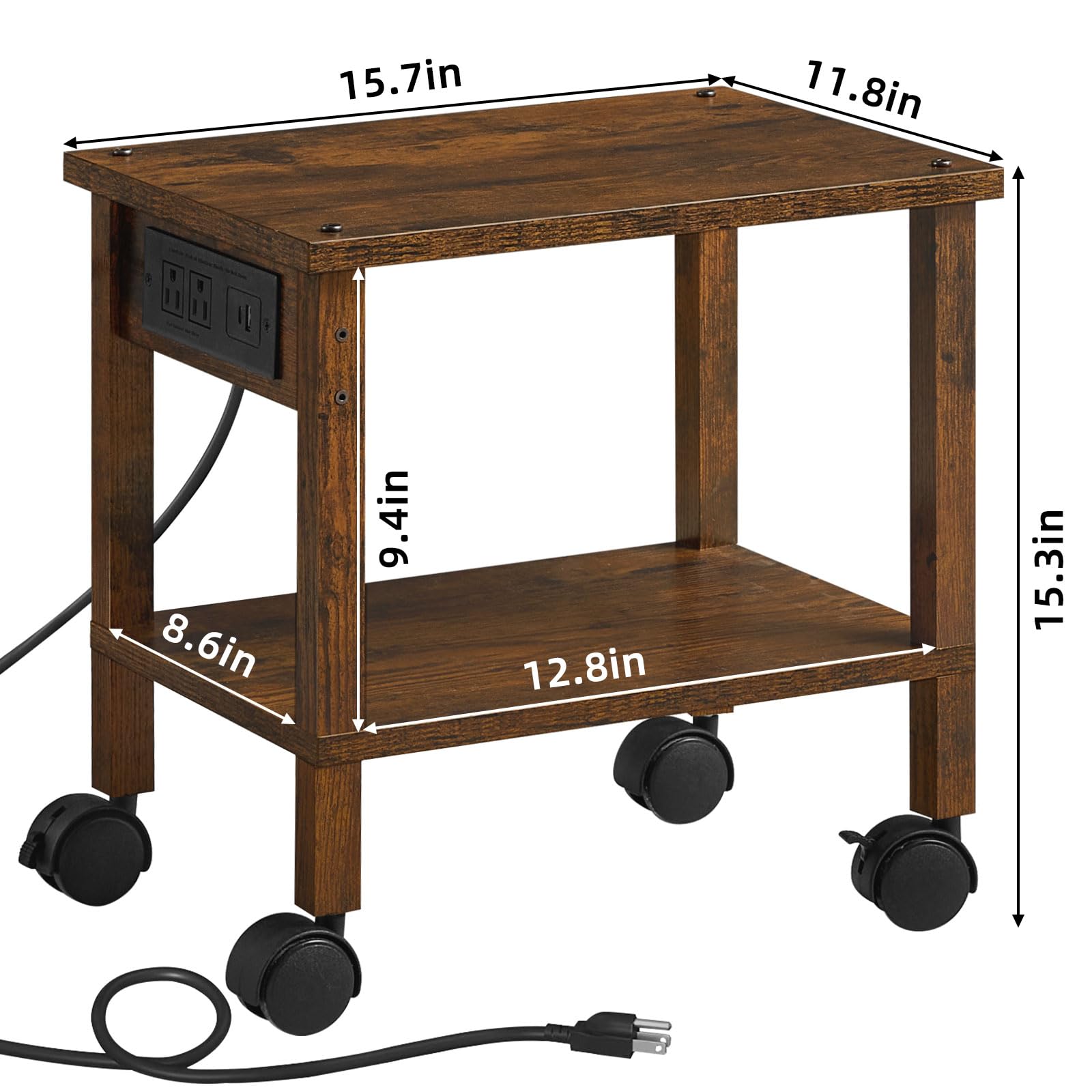 Lerliuo Under Desk Printer Stand with Charging Station, 2 Tier Wooden Small Printer Table with Storage, Rolling Printer Cart Shelf with Lockable Wheels for Home, Office (Brown)