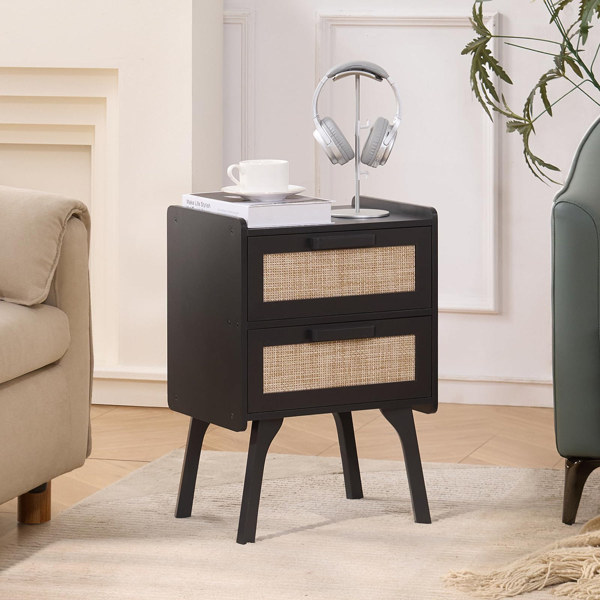 Lerliuo Rattan Nightstands Set of 2 for Bedroom, 2 Drawers