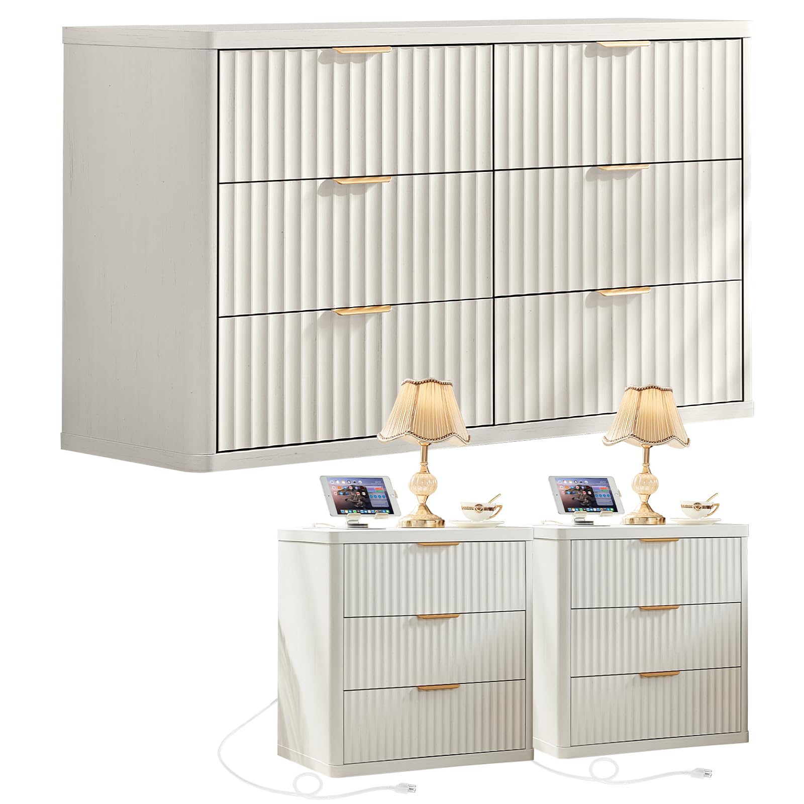 LEYAOYAO Fluted Dressers & Nightstand Set of 4, Wood 48" Wide Dresser & 42" Tall Chest of Drawers,Modern Bedroom Furniture Sets, Natural Wooden Nightstand Set of 2 with 3 Drawers & Charging Station