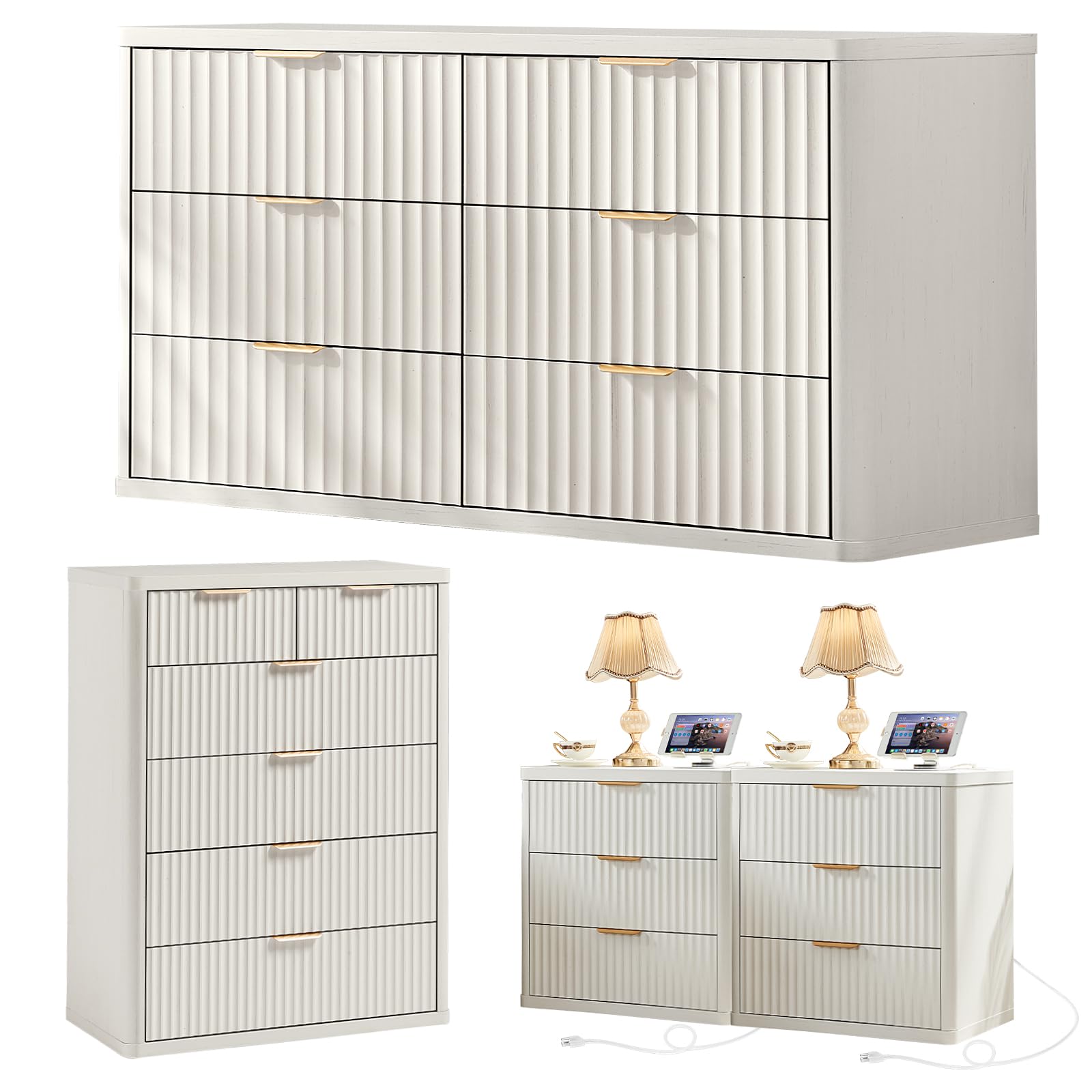 LEYAOYAO Fluted Dressers & Nightstand Set of 4, Wood 48" Wide Dresser & 42" Tall Chest of Drawers,Modern Bedroom Furniture Sets, Natural Wooden Nightstand Set of 2 with 3 Drawers & Charging Station