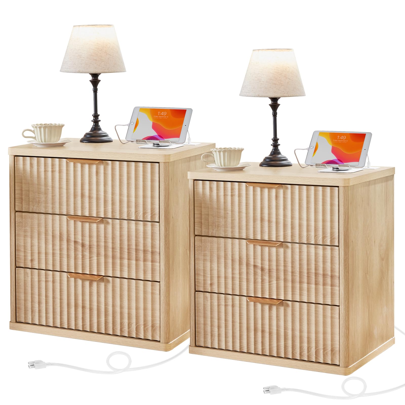 Lerliuo Fluted Nightstand with Charging Station, 23" Wide 2 Drawers End Table, Blue Night Stand with Open Storage Cabinet, Farmhouse Bed Side Tables, Wood Dresser for Bedroom