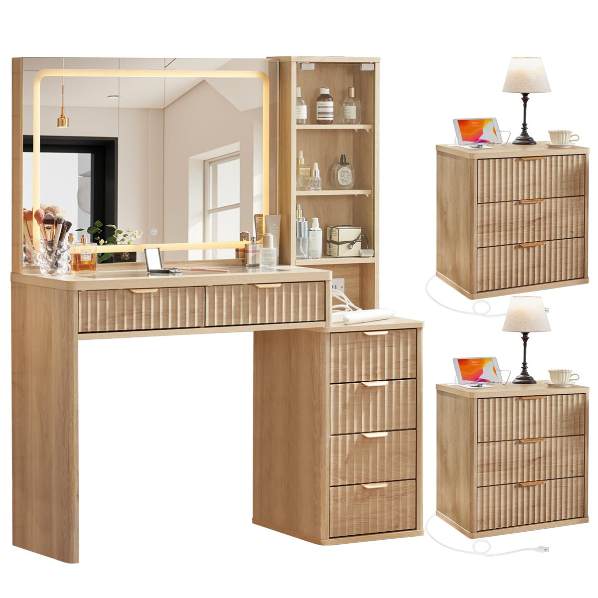 LEYAOYAO Vanity Mirror with Lights and Night Stand Sets, 43.5" Fluted Makeup Vanity with 6 Drawers and Power Outlet, 3 Drawers 23" End Side Table, Natural Wood Makeup Table Bedroom Furniture Set of 2