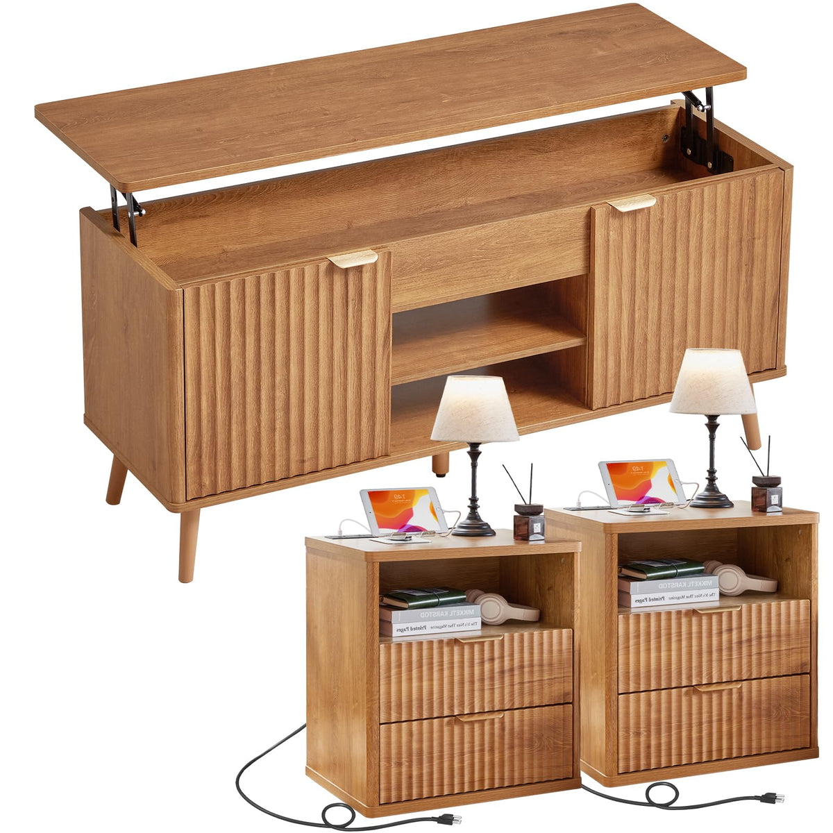 LEYAOYAO Fluted Lift Top Coffee Table and Night Stand Set,Wood 48" Wide Center Tables & 23" with Charging Station Chest of Drawers,Farmhouse Living Room Suites for Bedroom Home,Brown