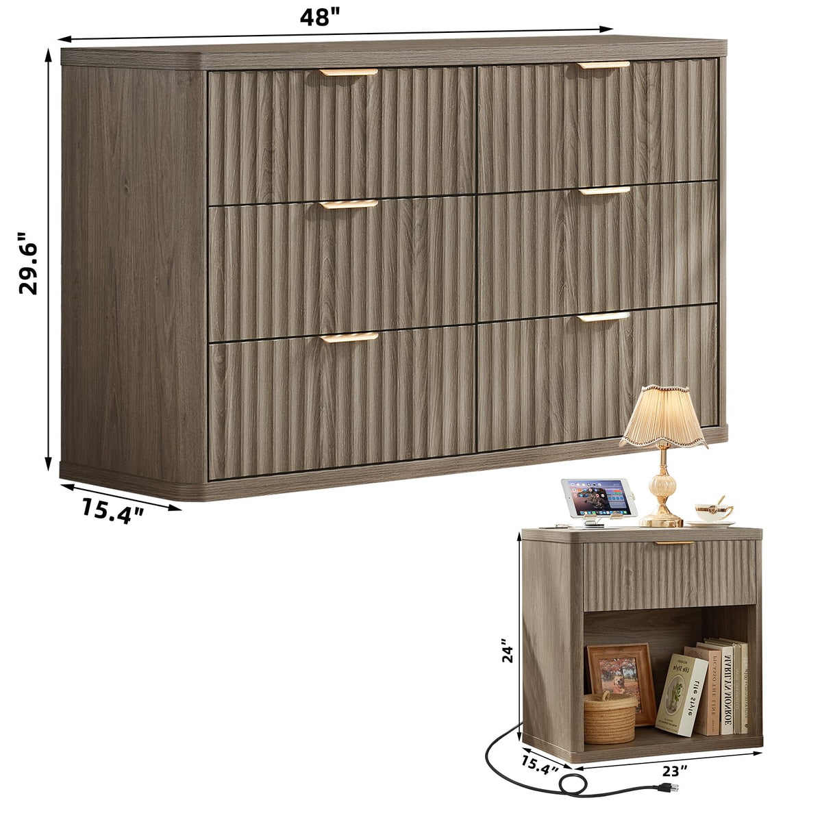 LEYAOYAO 48" Wide Fluted Dresser and 1 Drawers 23" Nightstand Set of 2, Wooden Dresser & Night Stand with Charging Station, 3 Piece Bedroom Furniture Set, Chest of Drawer for Living Room,Antique White