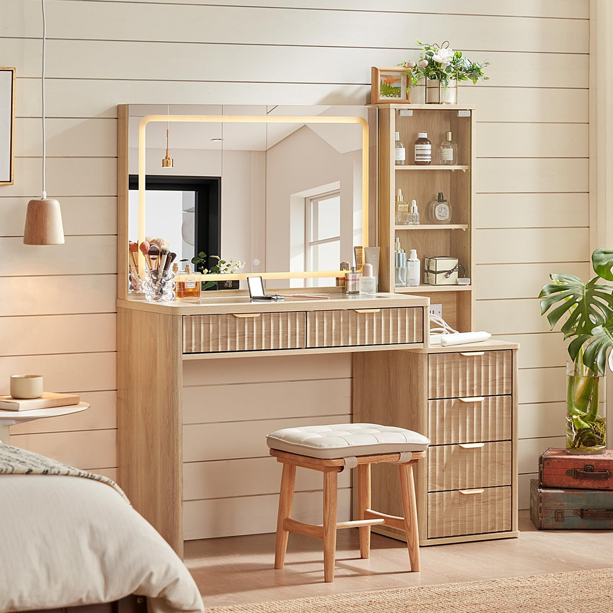 LEYAOYAO Vanity Mirror with Lights and Night Stand Sets, 43.5" Fluted Makeup Vanity with 6 Drawers and Power Outlet, 3 Drawers 23" End Side Table, Natural Wood Makeup Table Bedroom Furniture Set of 2