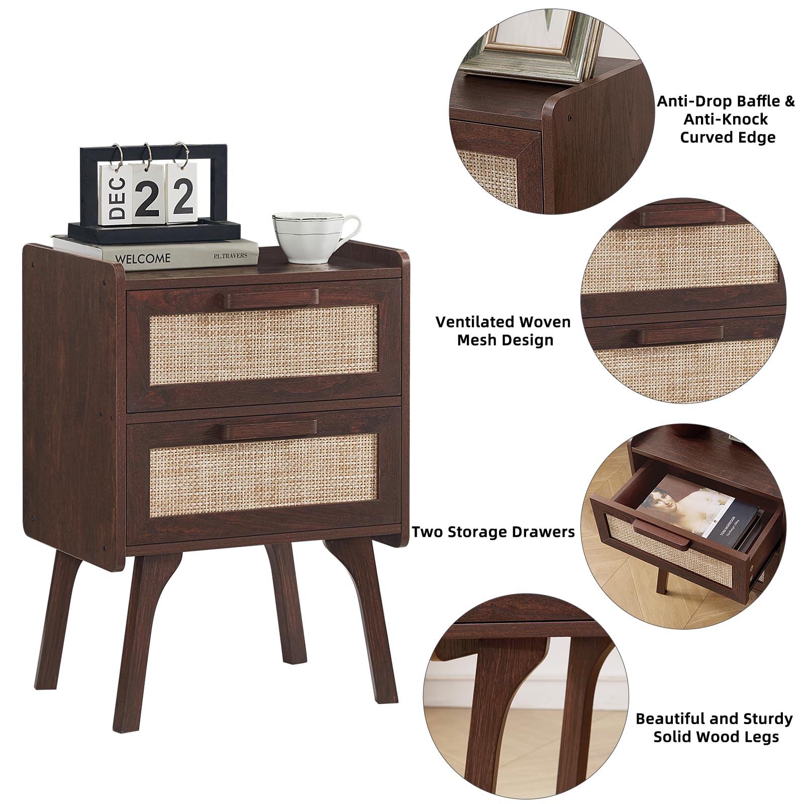Lerliuo Rattan Nightstands Set of 2 for Bedroom, 2 Drawers