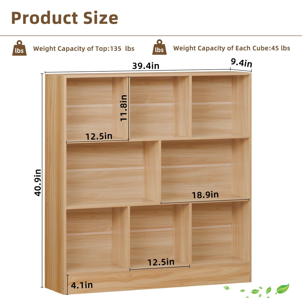 LEYAOYAO 7 Cube Bookshelf with Base,3 Tier Mid-Century Modern Blue Bookcase,Standing Wide Bookshelves Storage Organizer Shelf,Rustic Wood Display Cabinet Book Shelves for Bedroom,Living Room,Office