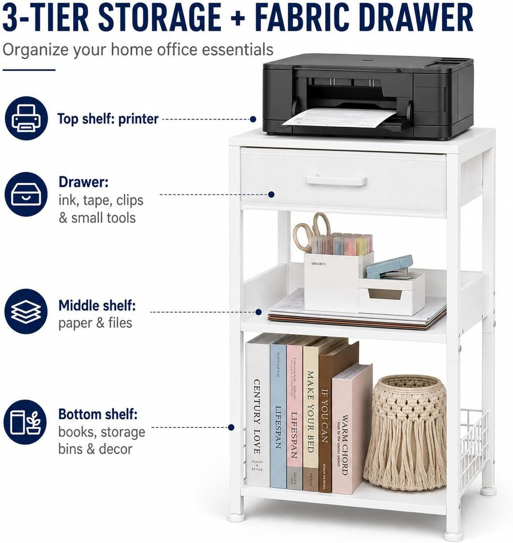 Lerliuo Printer Stand with Storage, 3-Tier Printer Table with Drawer, White