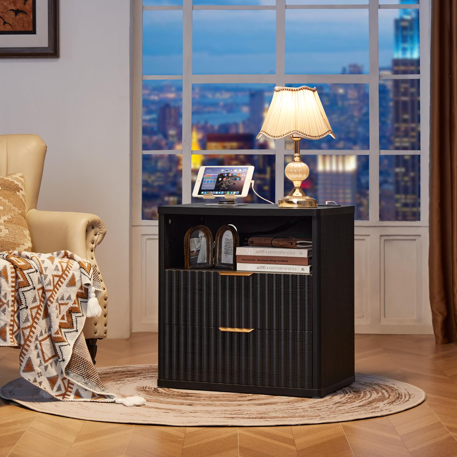 LEYAOYAO Fluted Dressers & Nightstand Set of 4, Wood 48" Wide Dresser & 42" Tall Chest of Drawers,Modern Bedroom Furniture Sets, Black Wooden Nightstand Set of 2 with 2 Drawers & Charging Station