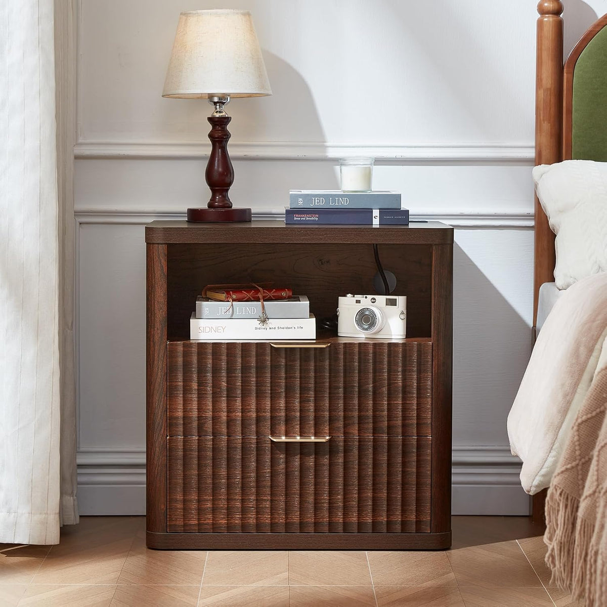 LEYAOYAO 23" Wide Fluted Night Stand with Charging Station, 2 Drawers Large End Table with Storage, LightGrey Nightstand Wood Bedside Tables, Farmhouse Cabinet Dresser for Bedroom, Closet