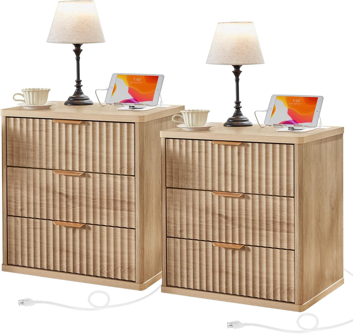 LEYAOYAO 23" Wide Fluted Night Stand with Charging Station, 3 Drawers Large End Table with Storage, Natural Nightstand Wood Bedside Tables, Farmhouse Cabinet Dresser for Bedroom, Closet
