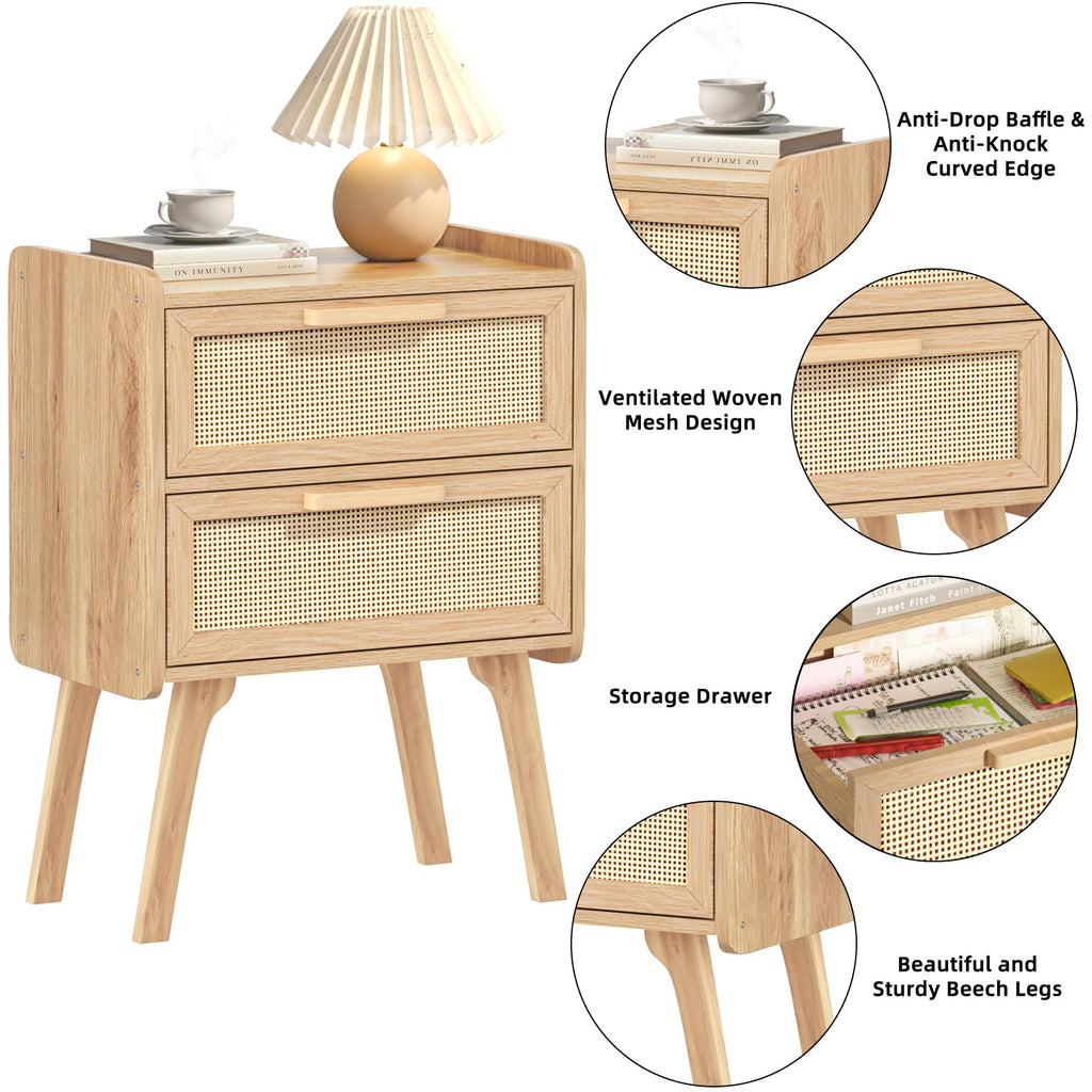 Lerliuo Rattan Nightstands Set of 2 for Bedroom, 2 Drawers