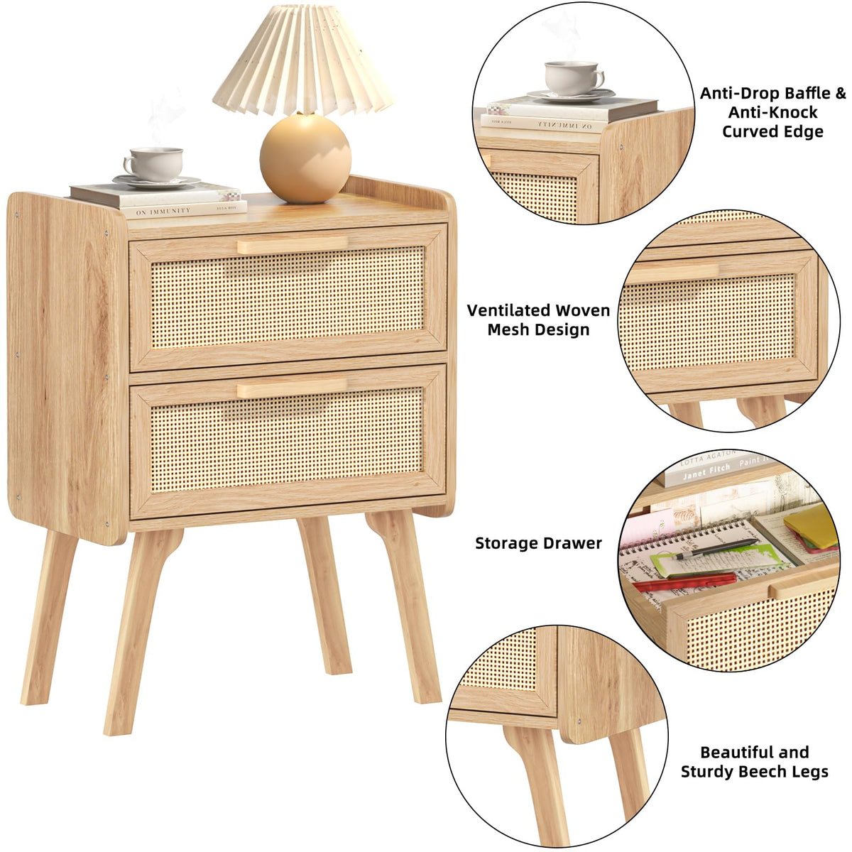 Lerliuo Rattan Nightstands Set of 2 for Bedroom, 2 Drawers