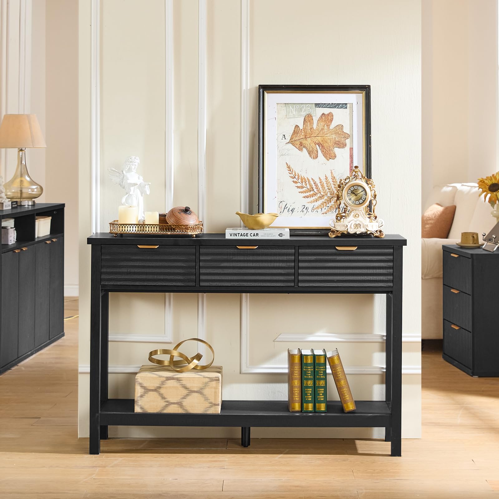 LEYAOYAO 47.2" Fluted Console Table with 3 Drawers, Blue Entryway Table
