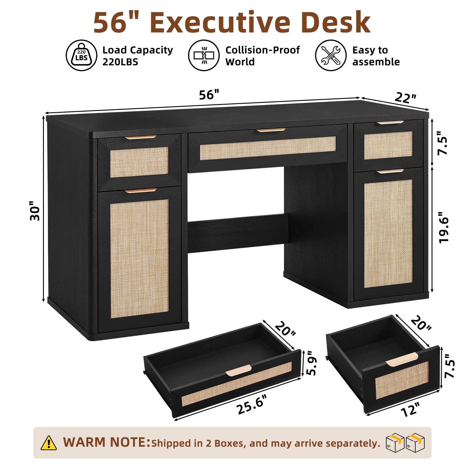 LEYAOYAO Office Desk 56" with 5 Drawers Storage File Cabinet, Natural