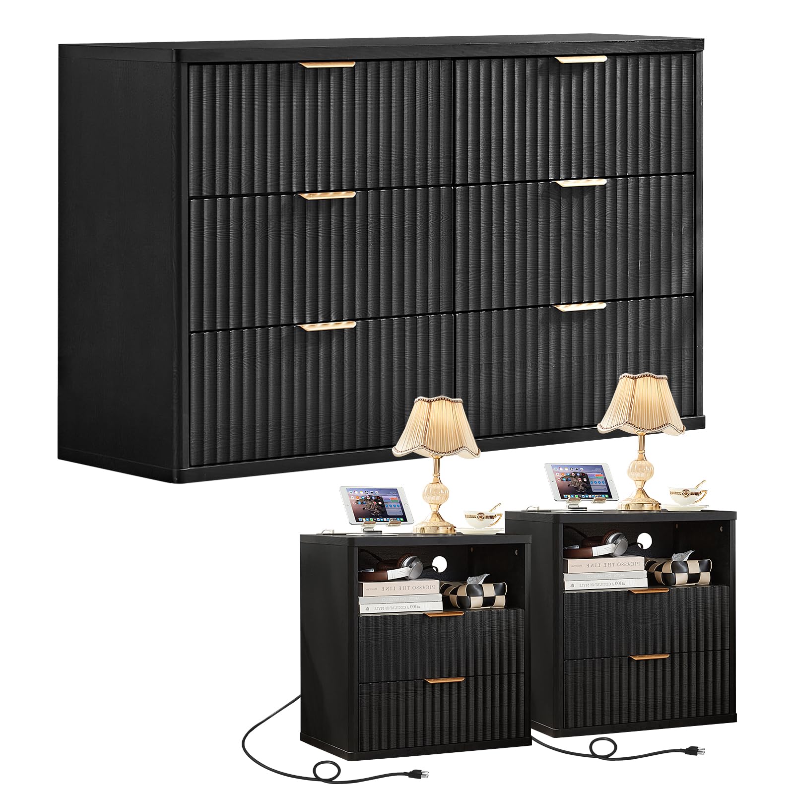 LEYAOYAO Fluted Dresser and 2 Drawers Nightstand Set of 2, Wood 48" Wide Dresser & 23" Night Stand with Charging Station, 3 Piece Bedroom Furniture Set, Chest of Drawers for Living Room,Antique White