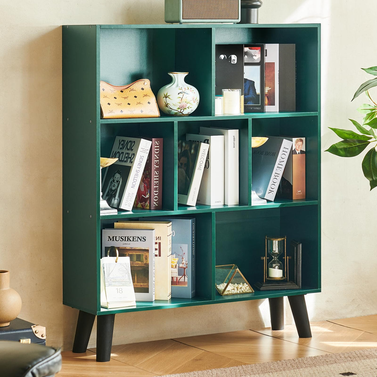 LEYAOYAO Cube Bookshelf, Mid-Century Modern Book Shelf with Legs, Brown