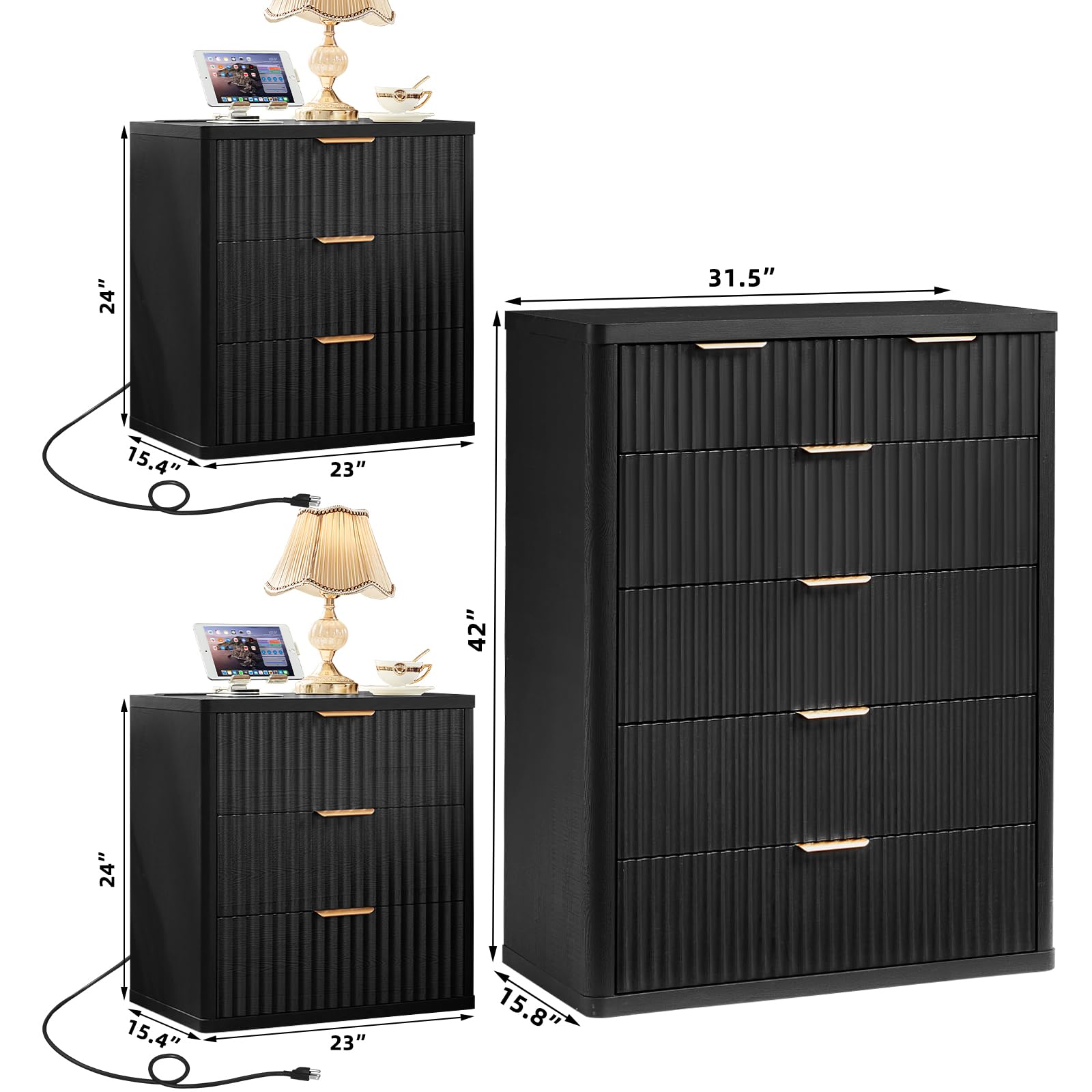 LEYAOYAO Fluted Dressers & Nightstand Set of 4, Wood 48" Wide Dresser & 42" Tall Chest of Drawers,Modern Bedroom Furniture Sets, Natural Wooden Nightstand Set of 2 with 3 Drawers & Charging Station