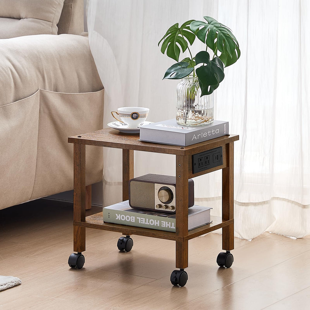 Lerliuo Under Desk Printer Stand with Charging Station, 2 Tier Wooden Small Printer Table with Storage, Rolling Printer Cart Shelf with Lockable Wheels for Home, Office (Brown)