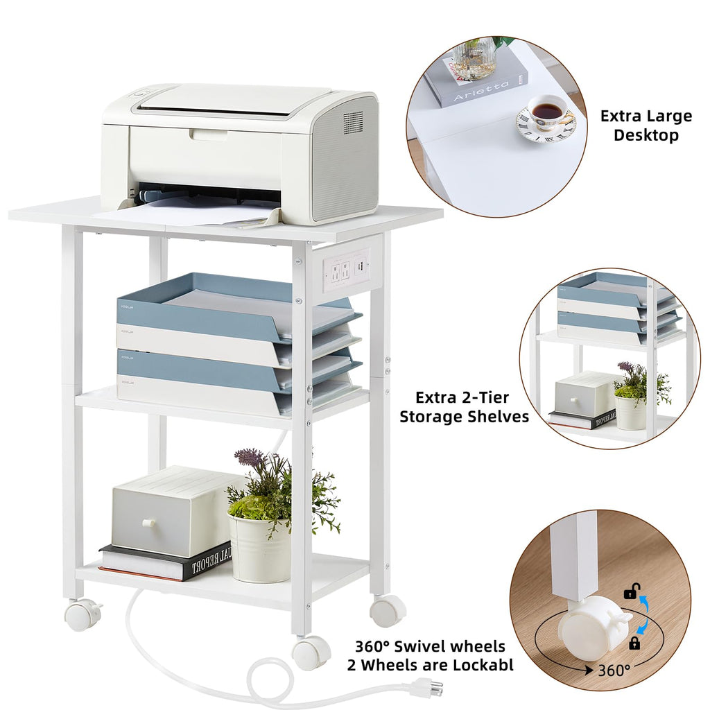 Lerliuo 3-Tier Printer Stand, Industrial Mobile Printer Table with Storage Shelf and Steel Frame, Rolling Printer Cart Holder with Lockable Wheels for Home, Office (White)
