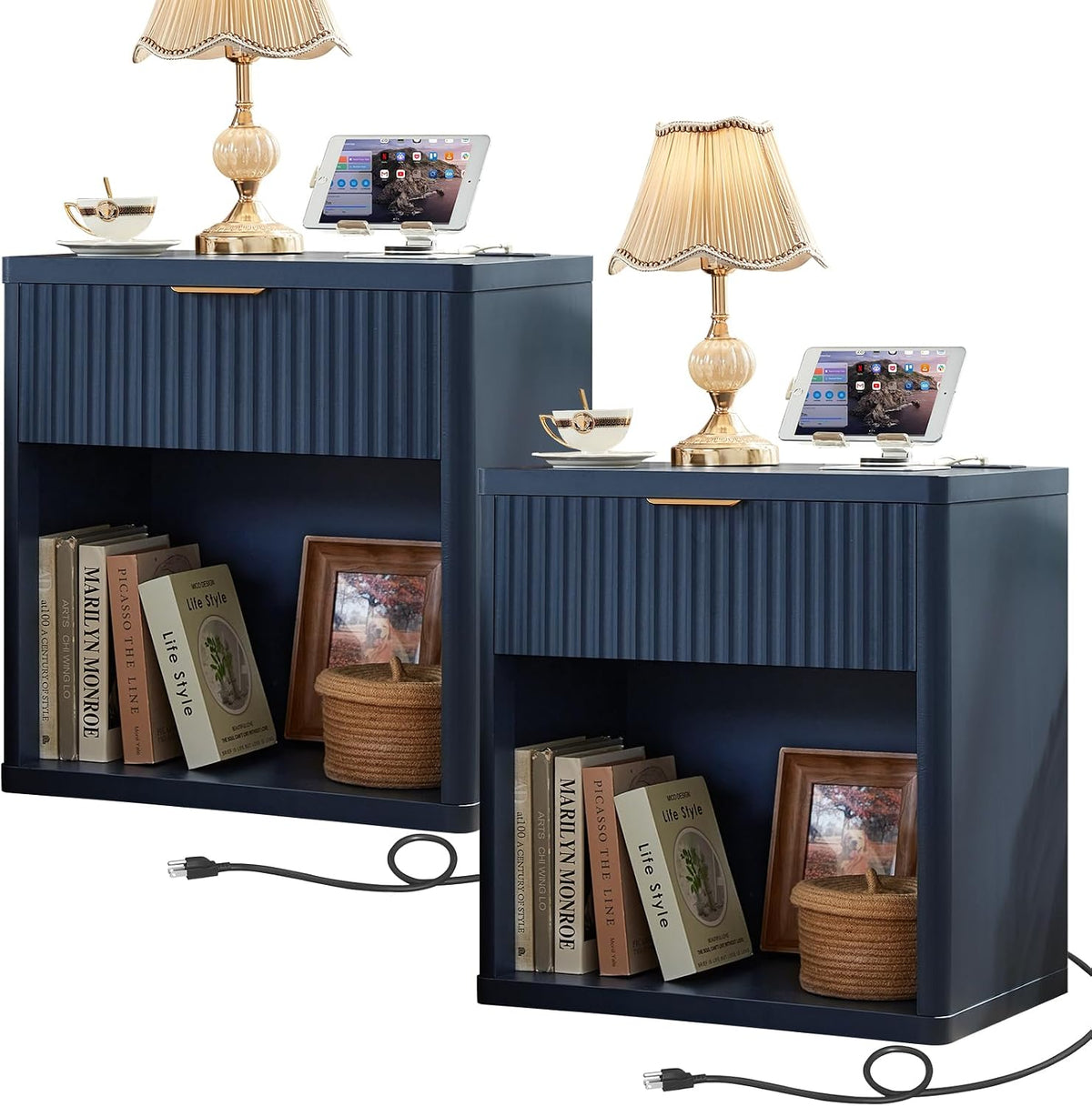LEYAOYAO 23" Wide Fluted Night Stand with Charging Station, 3 Drawers Large End Table with Storage, Natural Nightstand Wood Bedside Tables, Farmhouse Cabinet Dresser for Bedroom, Closet