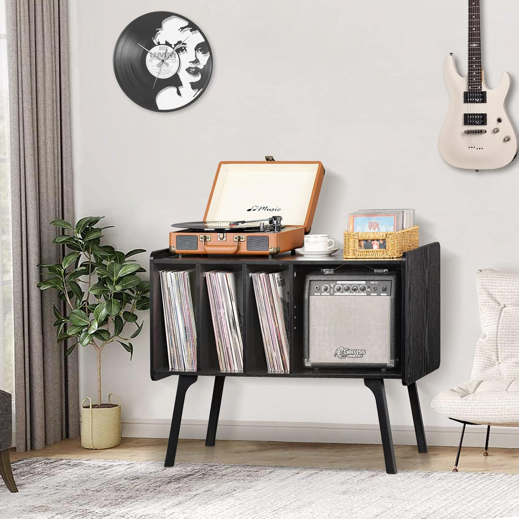 Lerliuo Record Player Stand with 4 Cabinet Holds Up to 220 Albums, Large Black Turntable Stand with Beech Wood Legs, Mid-Century Record Player Table, Vinyl Holder Storage Shelf for Bedroom Living Room