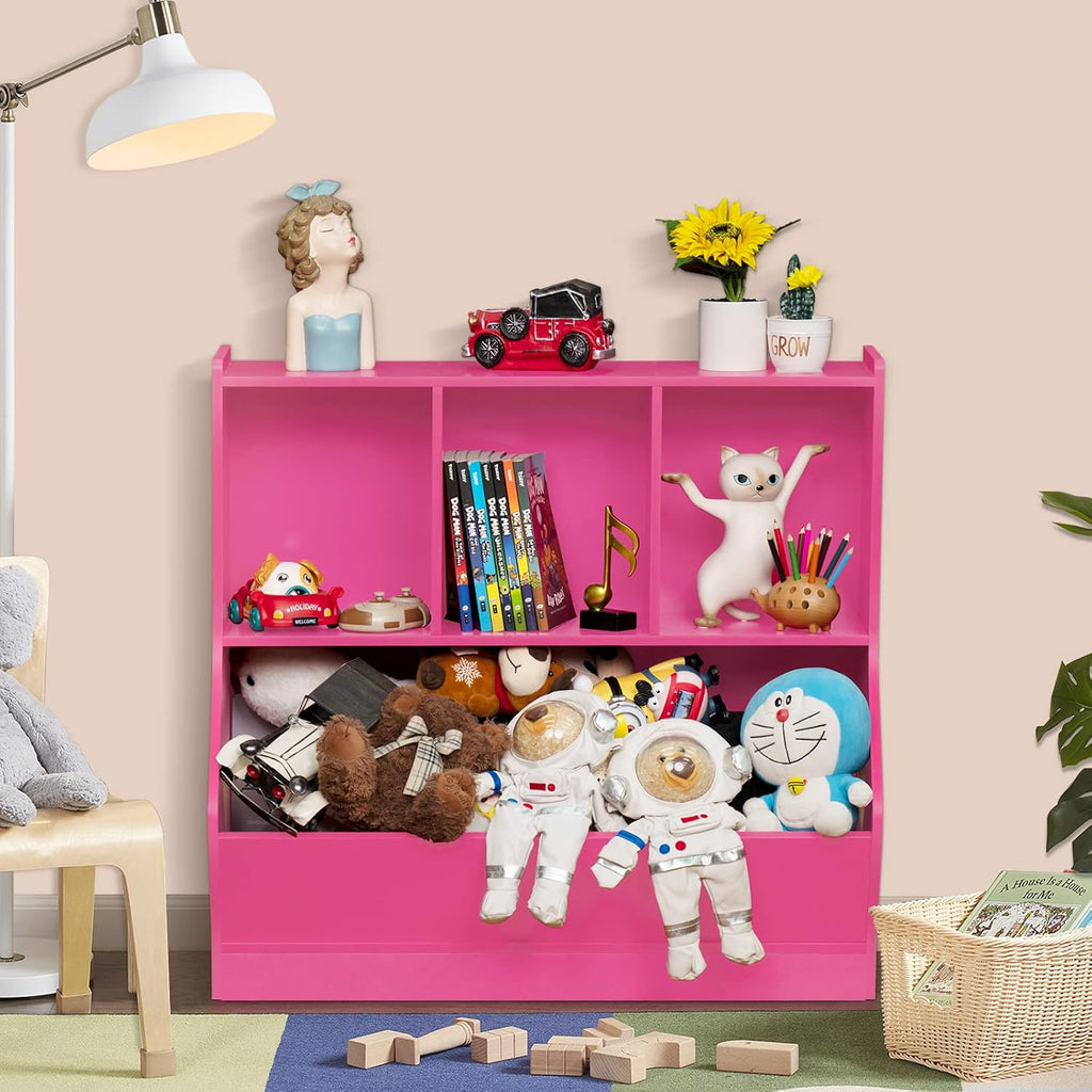 Lerliuo Kids Toy Storage Organizer, Children Small Bookcase and Bookshelf, Toddler 4 Cubby Toy Storage Cabinet, Toy Shelf for Playroom, Bedroom, Living Room, Nursery, School 29.53'' H (Pink)
