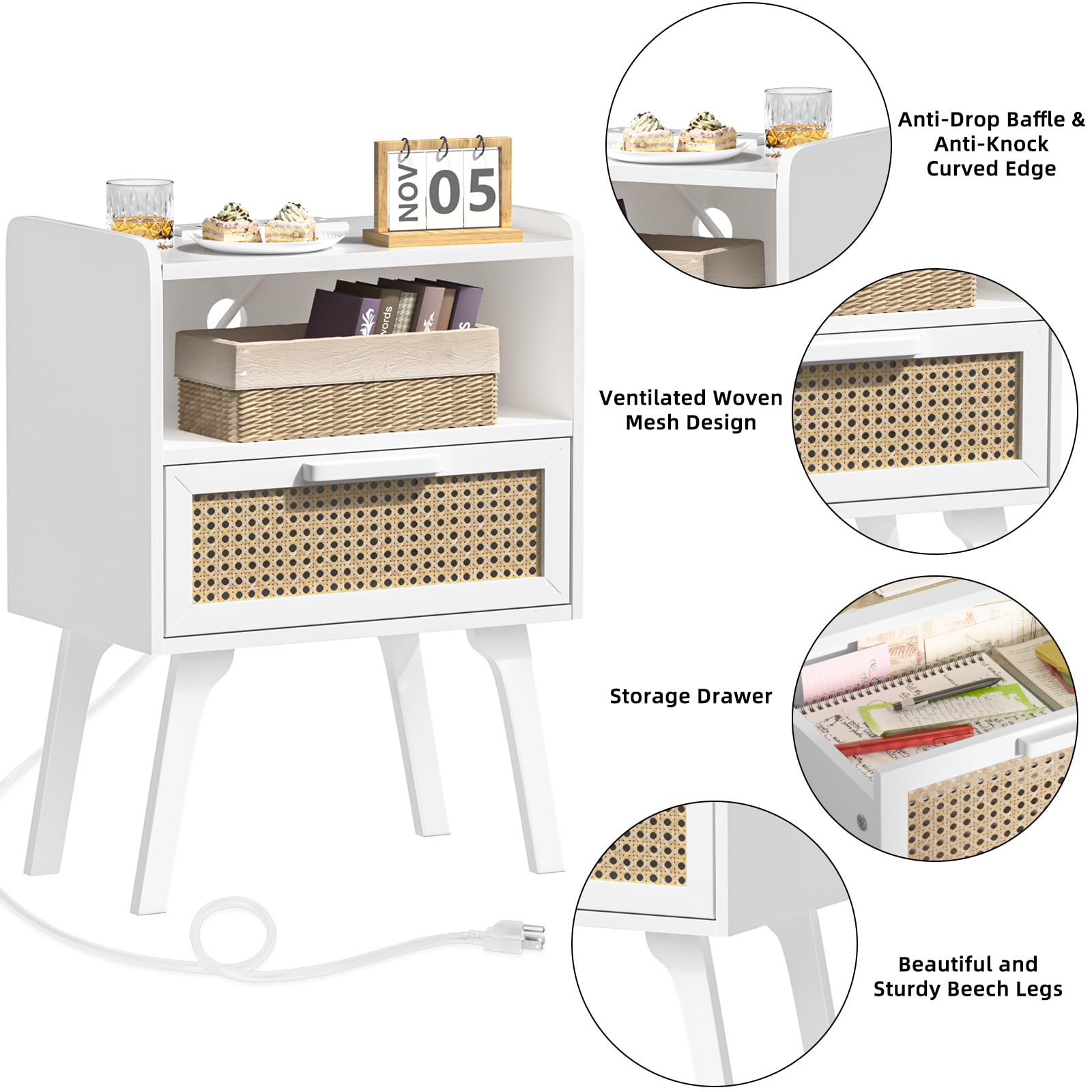 Lerliuo Rattan Nightstand with Charging Station, Boho Night Stand