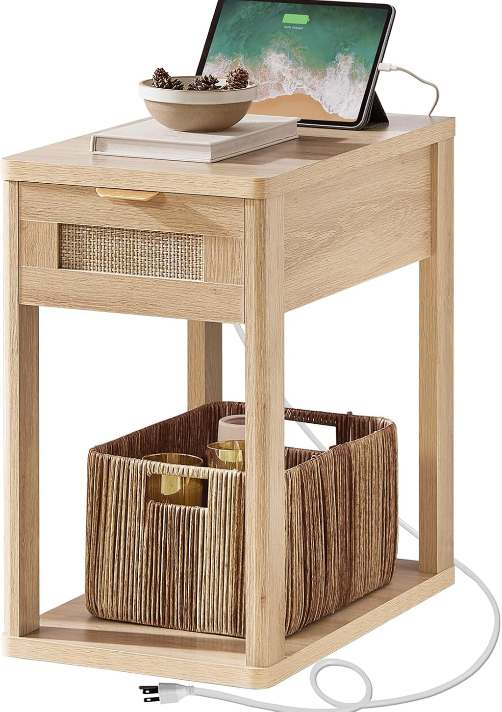 LEYAOYAO Narrow Side Table with Charging Station, Rattan 24 x 14''