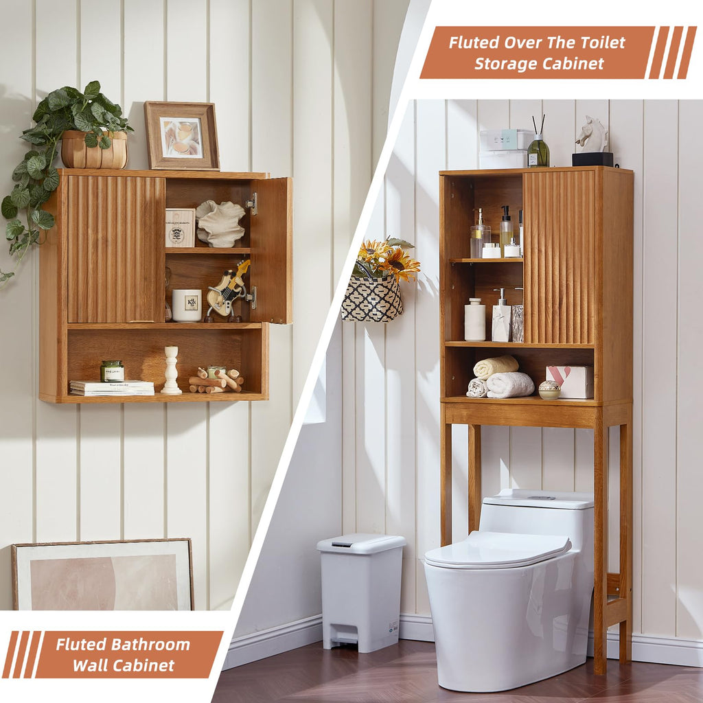LEYAOYAO Fluted Over The Toilet Storage Cabinet & Bathroom Wall Cabinet Set of 2, Farmhouse Above Toilet Organizer, Medicine Cabinet w/Adjustable Shelf & Doors for Laundry Living Room Kitchen(Black)