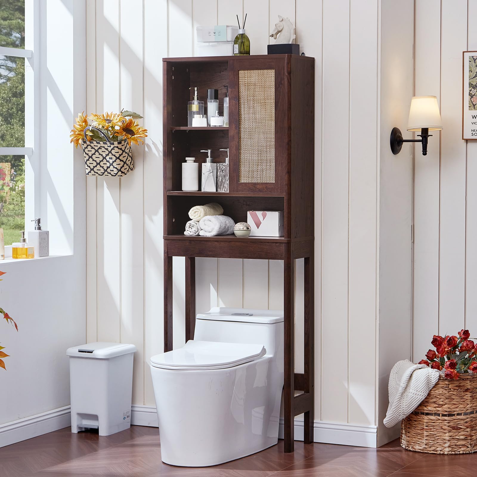 LEYAOYAO 68" Boho Over the Toilet Storage Cabinet with Rattan Sliding Door