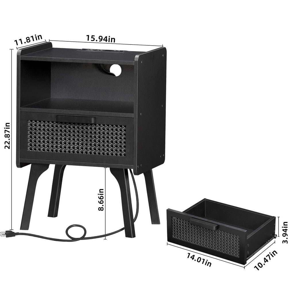 Lerliuo Rattan Nightstand with Charging Station, Boho Night Stand