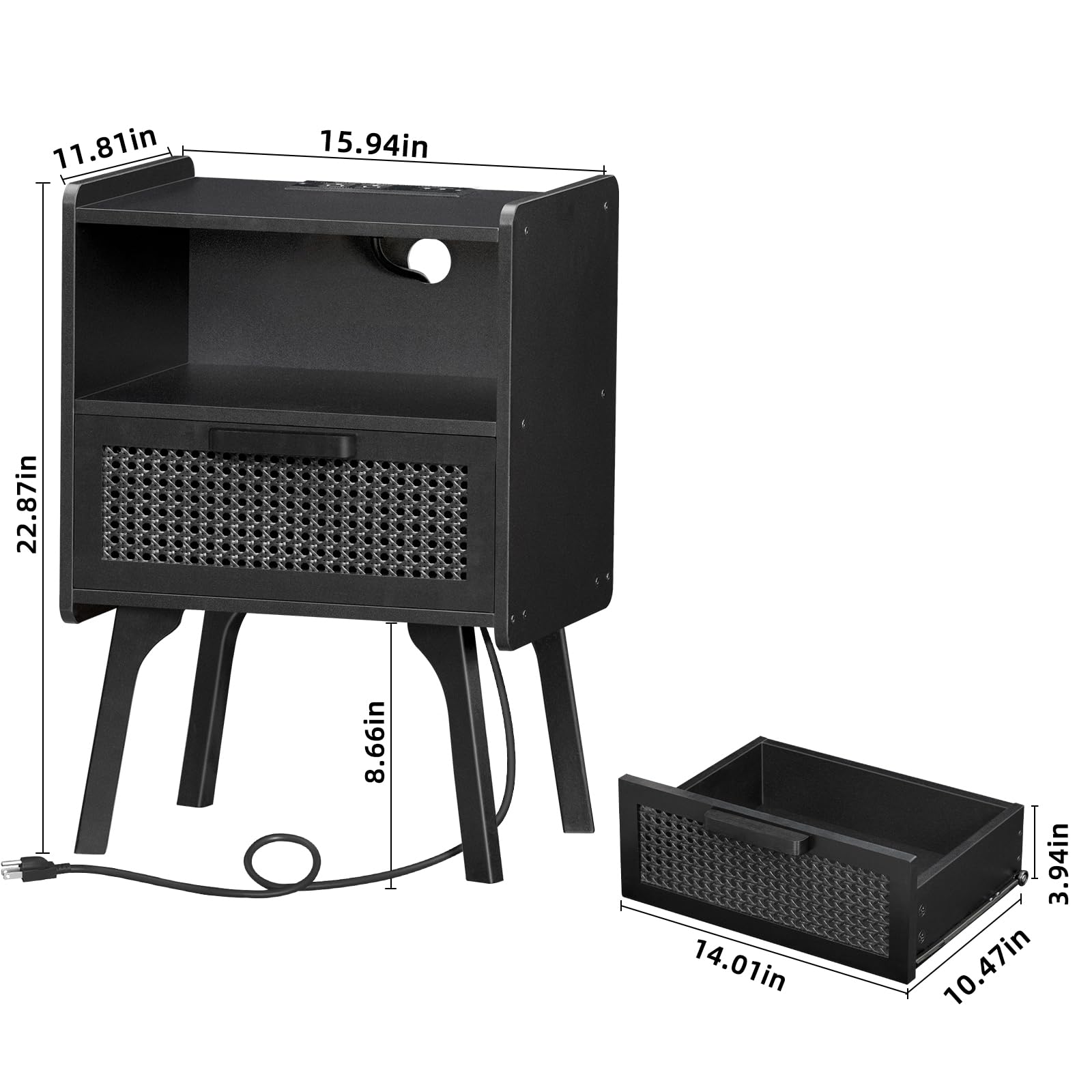Lerliuo Rattan Nightstand with Charging Station, Boho Night Stand