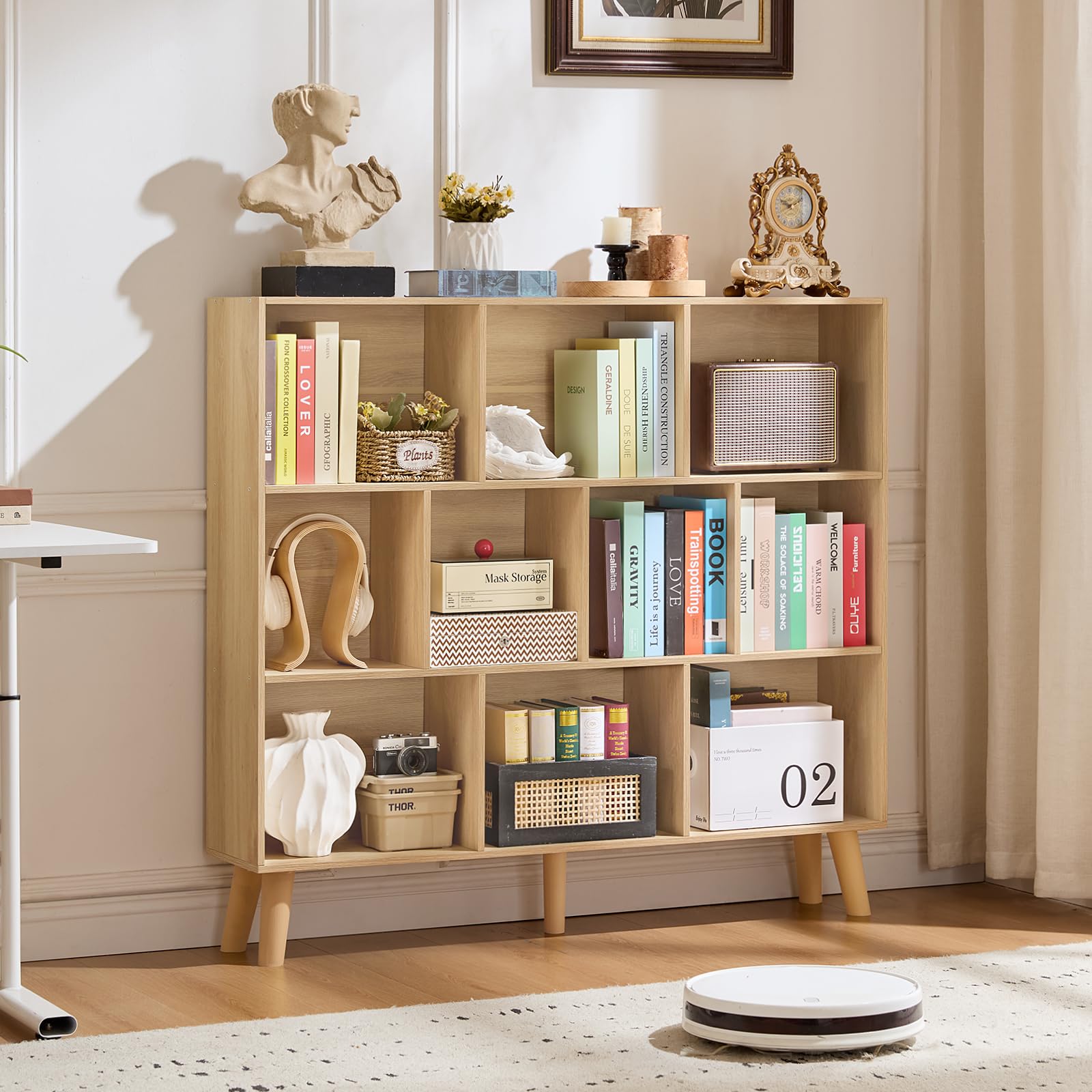 LEYAOYAO Cube Bookshelf, Mid-Century Modern Book Shelf with Legs, Brown