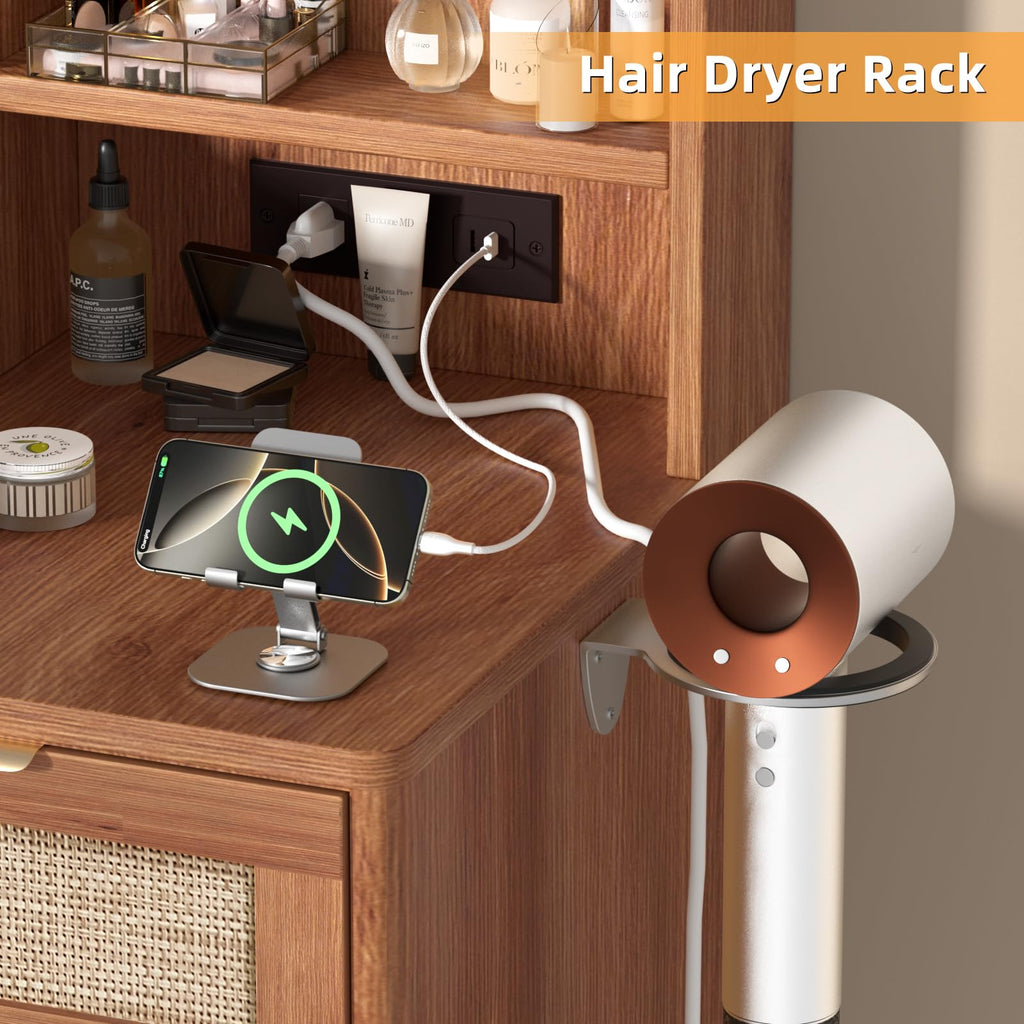LEYAOYAO Rattan Makeup Vanity Desk with Stool, Mirror and Lights