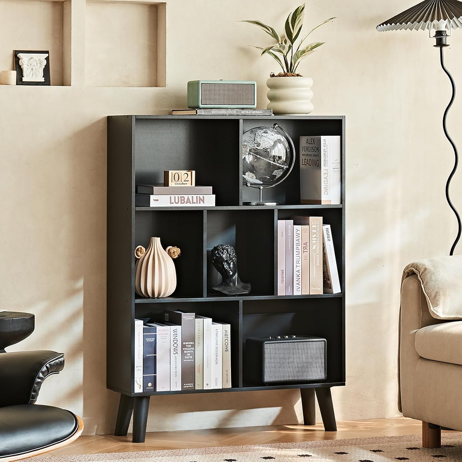 LEYAOYAO 7 Cube Bookshelf, Mid-Century Modern Bookcase Legs,Black Wooden Book Shelves, Wood 3-Tier Freestanding Storage Organizer Display Shelf for Bedroom,Living Room,Office
