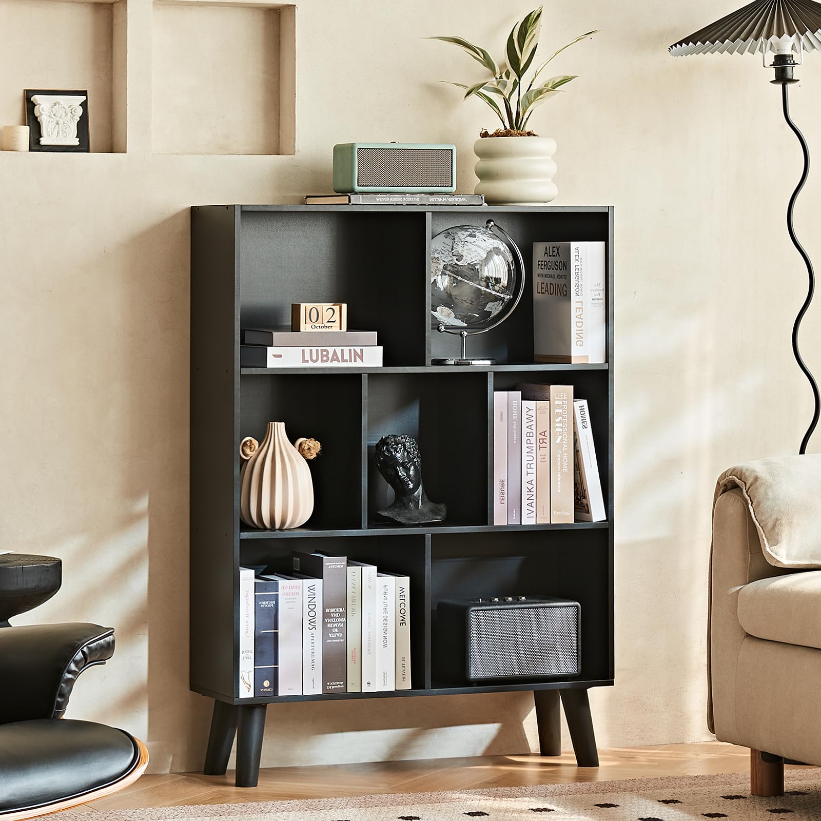 LEYAOYAO 7 Cube Bookshelf, Mid-Century Modern Bookcase Legs,Black Wooden Book Shelves, Wood 3-Tier Freestanding Storage Organizer Display Shelf for Bedroom,Living Room,Office